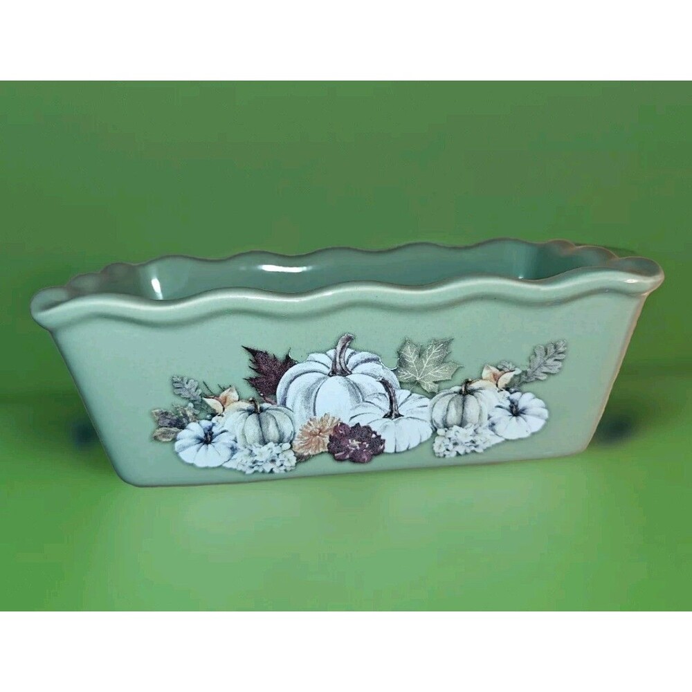 Vintage Stoneware Mini-Loaf Pan, Nantucket with Pumpkin & Leaf 6.25 x 3.5 Inches